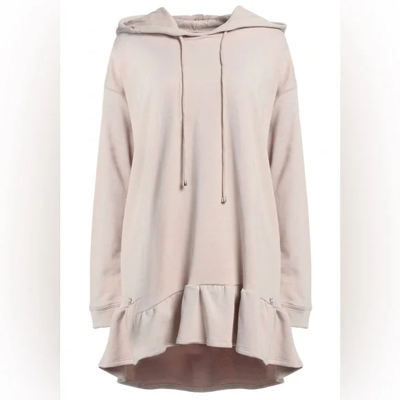 Kaos Beige Hoodie Mini Dress with Ruffle Hem cotton Hood Dress - Picture 1 of 4